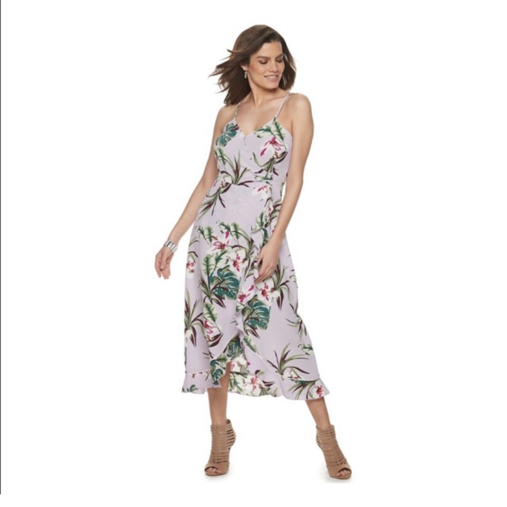 “Jennifer Lopez" lilac Hawaiian print wrap maxi-dress with ruffle - size M